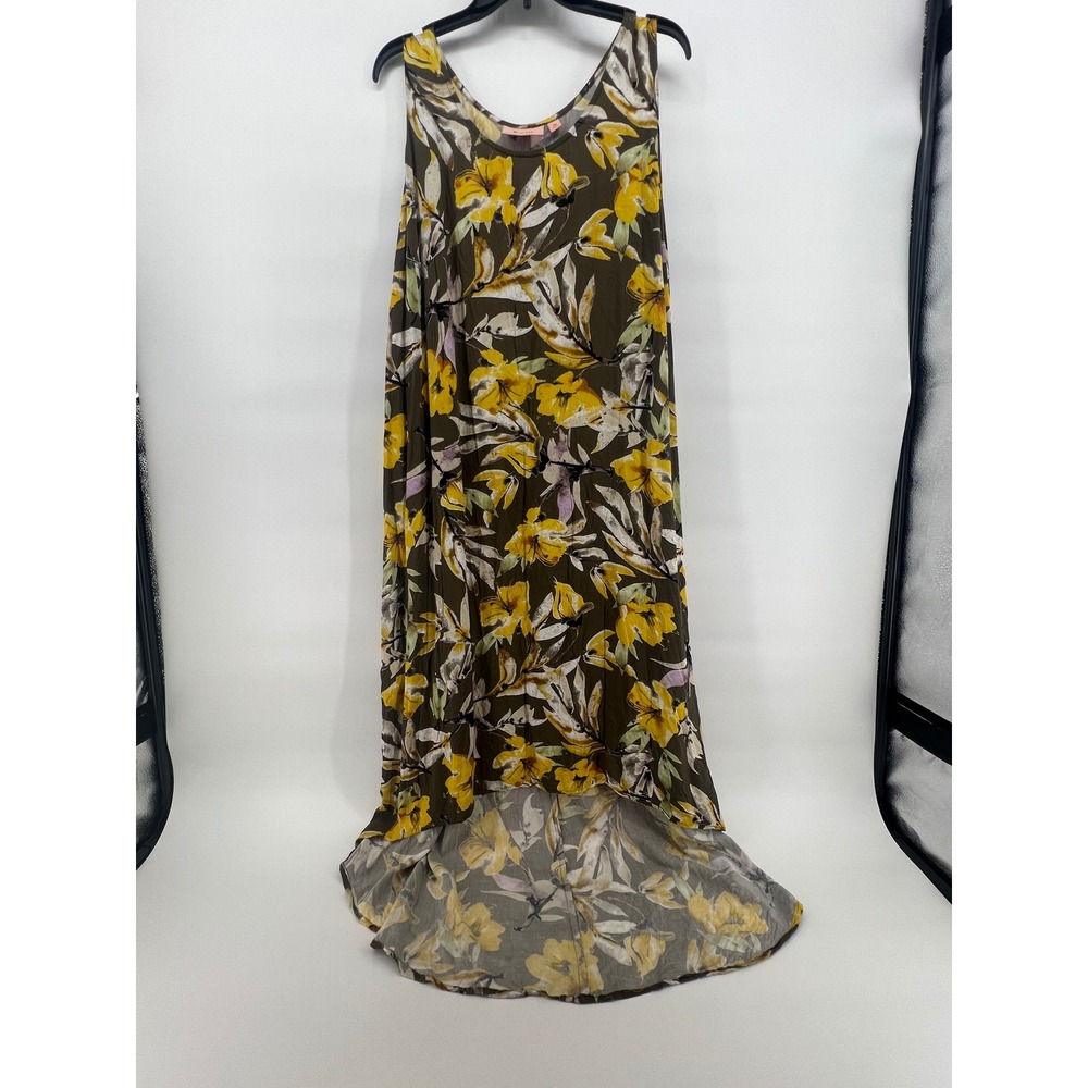 EVRI Women Plus Size 2X Floral High Low Sleeveless Maxi Dress Olive Yellow Rayon